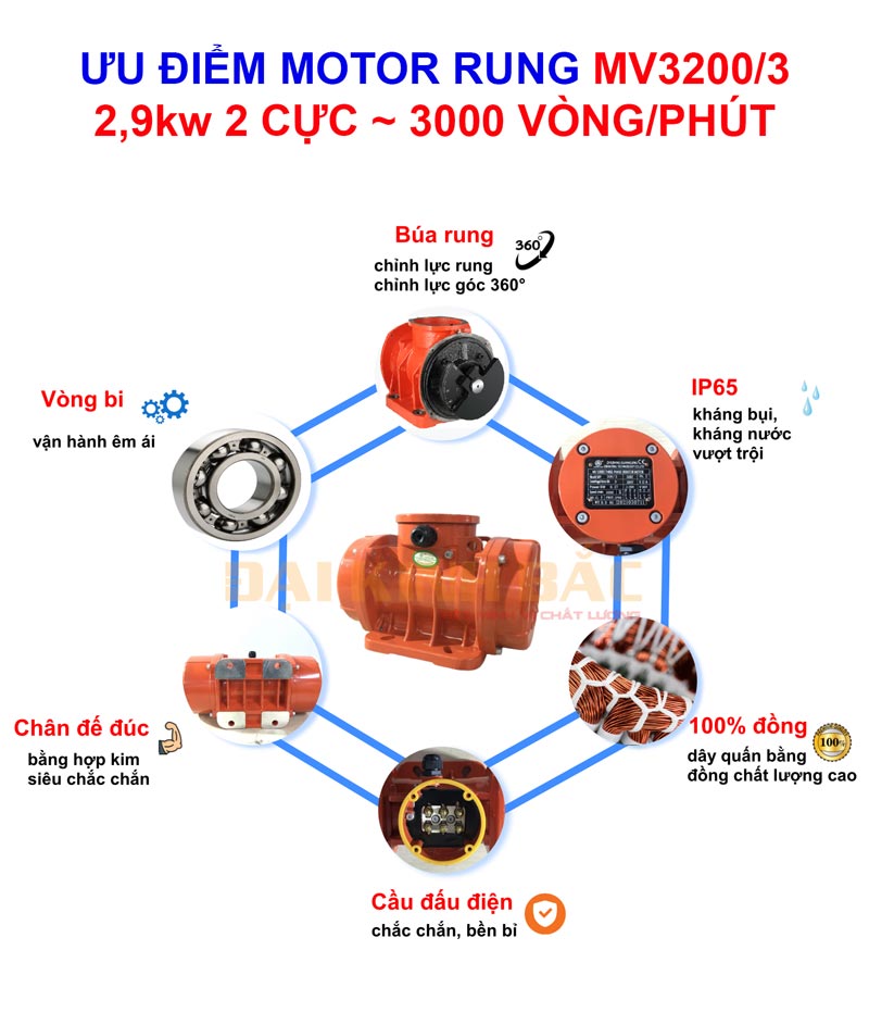 Ưu điểm motor rung MV3200/3 2.9Kw 2 cực 3000 v/p