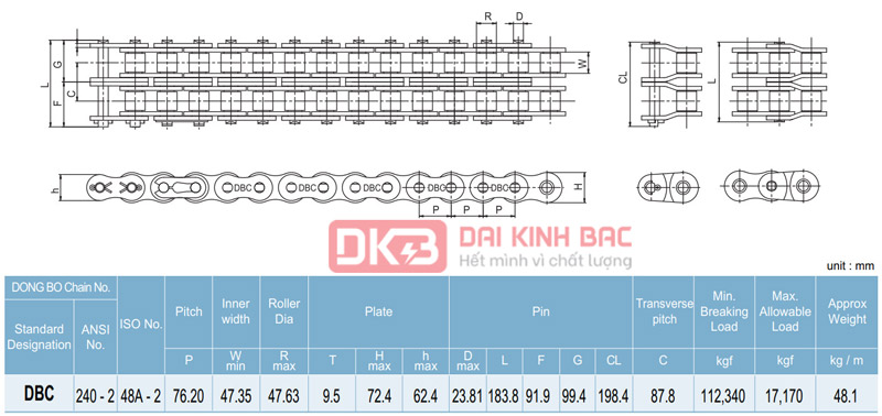 Xích Dongbo DBC 240 - Bước Xích 76.2mm Hàn Quốc