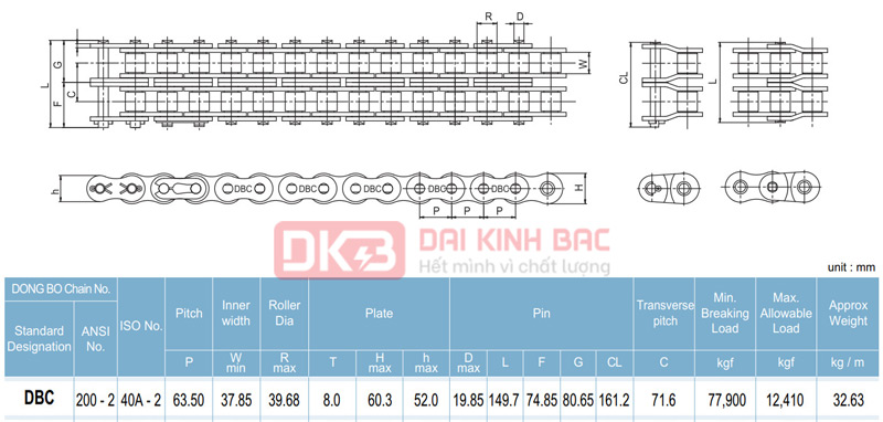 Xích Dongbo DBC 200 - Bước Xích 63.5mm Hàn Quốc