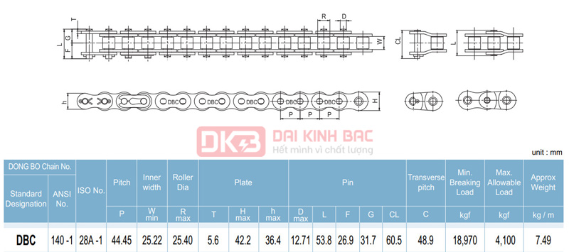 Xích Dongbo DBC 140 - Bước Xích 44.45mm Hàn Quốc