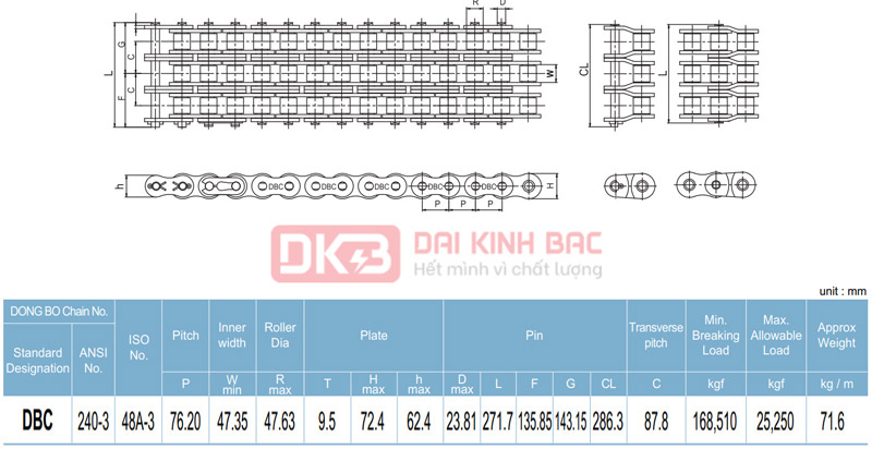 Xích Dongbo DBC 240 - Bước Xích 76.2mm Hàn Quốc